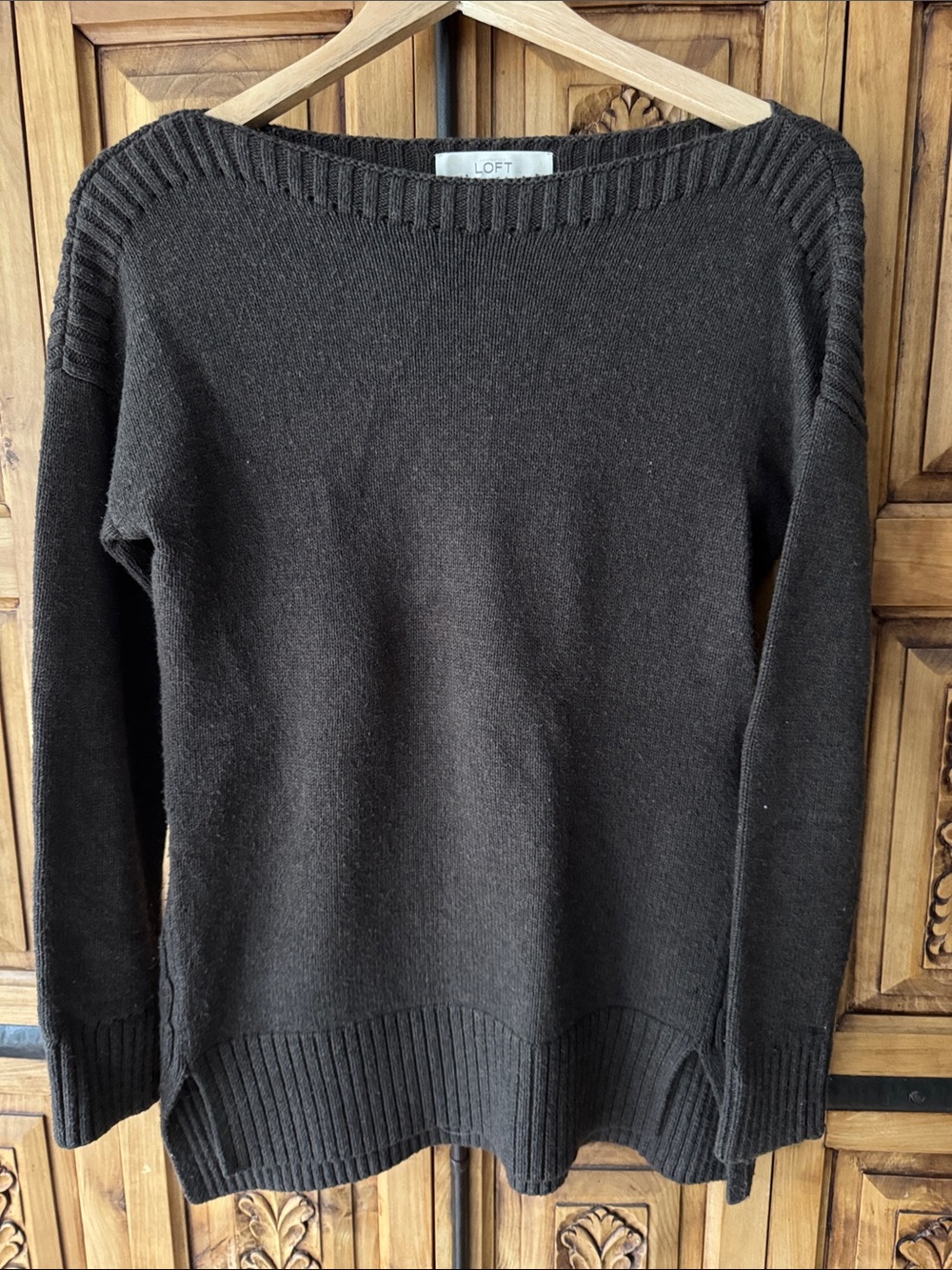 LOFT Brown Ribbed-Trim Boat Neck Sweater